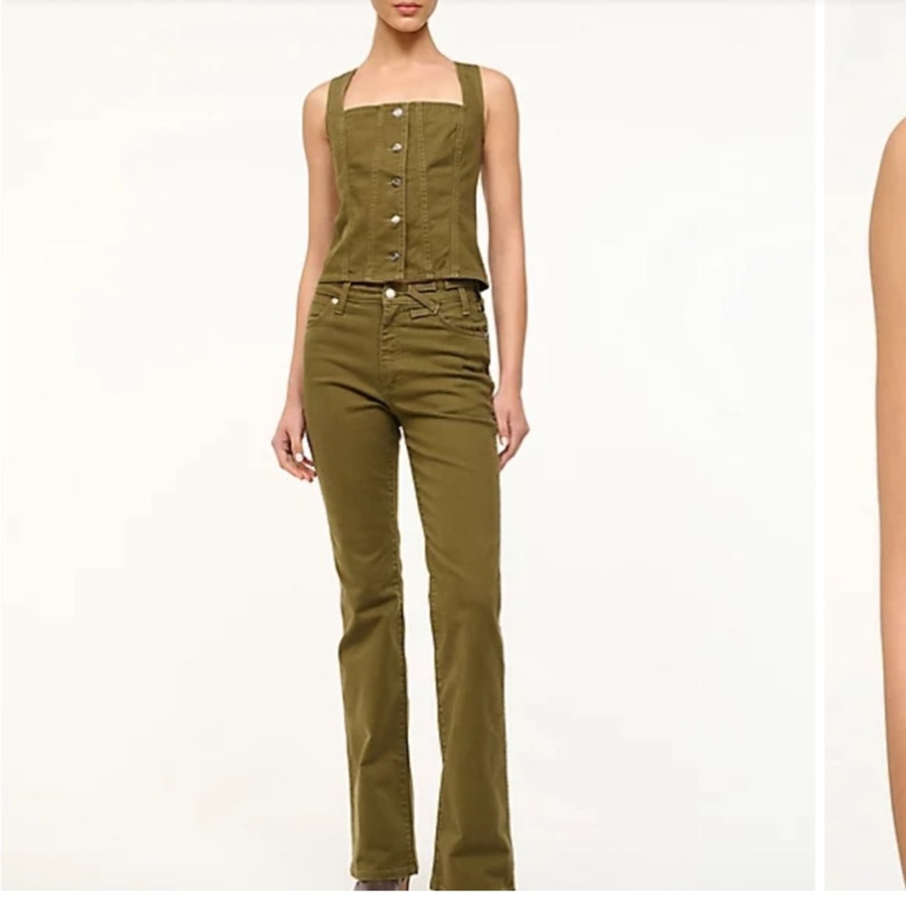 Staud Wrangler Trucker Top & Jeans
Color: Sergeant Green